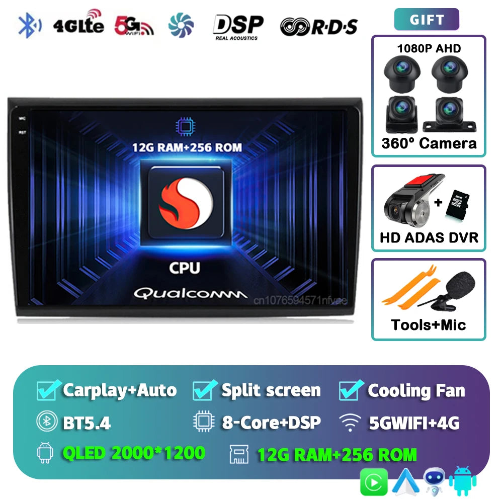 Car Stereo with Apple CarPlay & Android Auto, Compatible with Fiat Bravo 198 II (2007-2014)