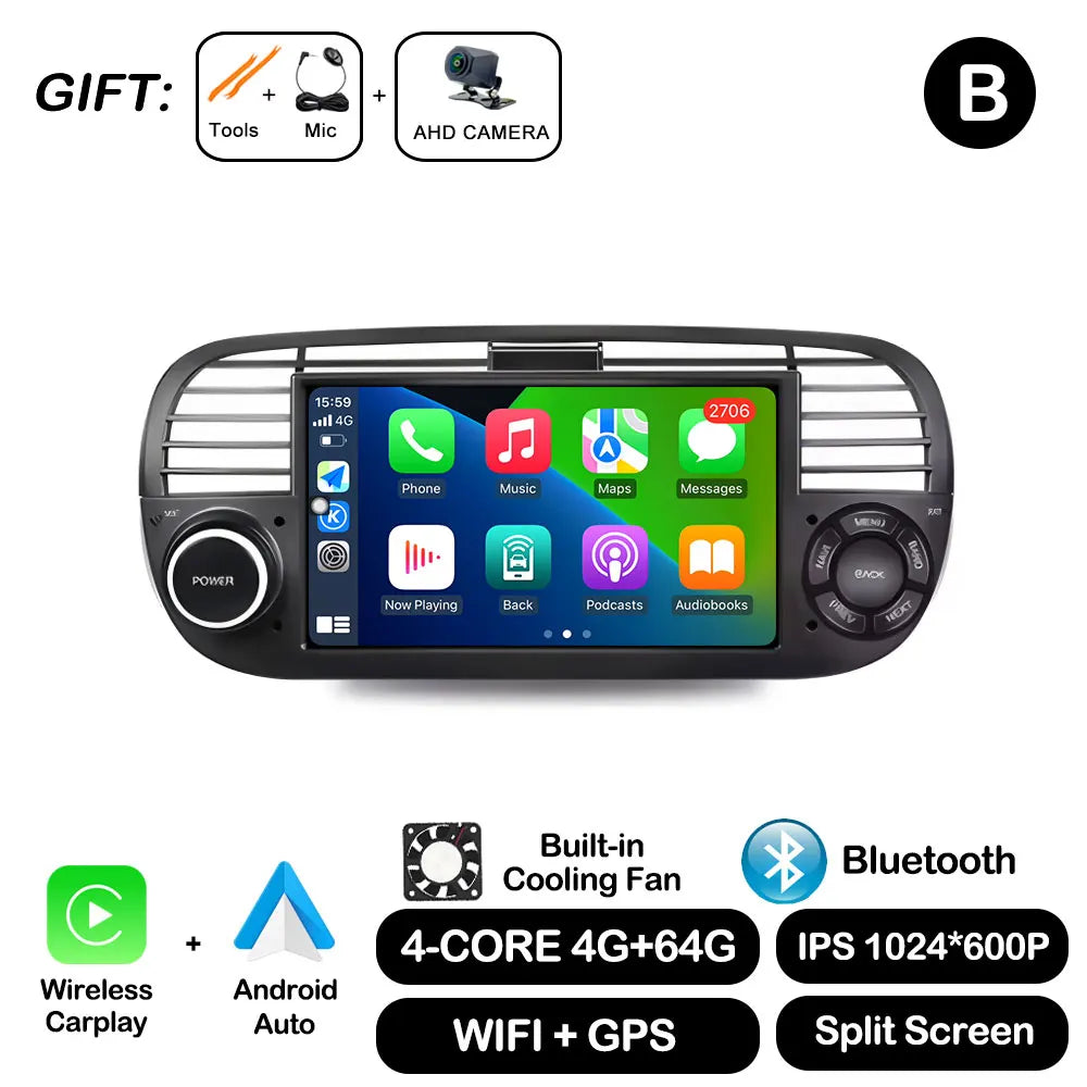 7" Car Stereo with Apple CarPlay & Android Auto, Compatible with Fiat 500 (2007-2015)