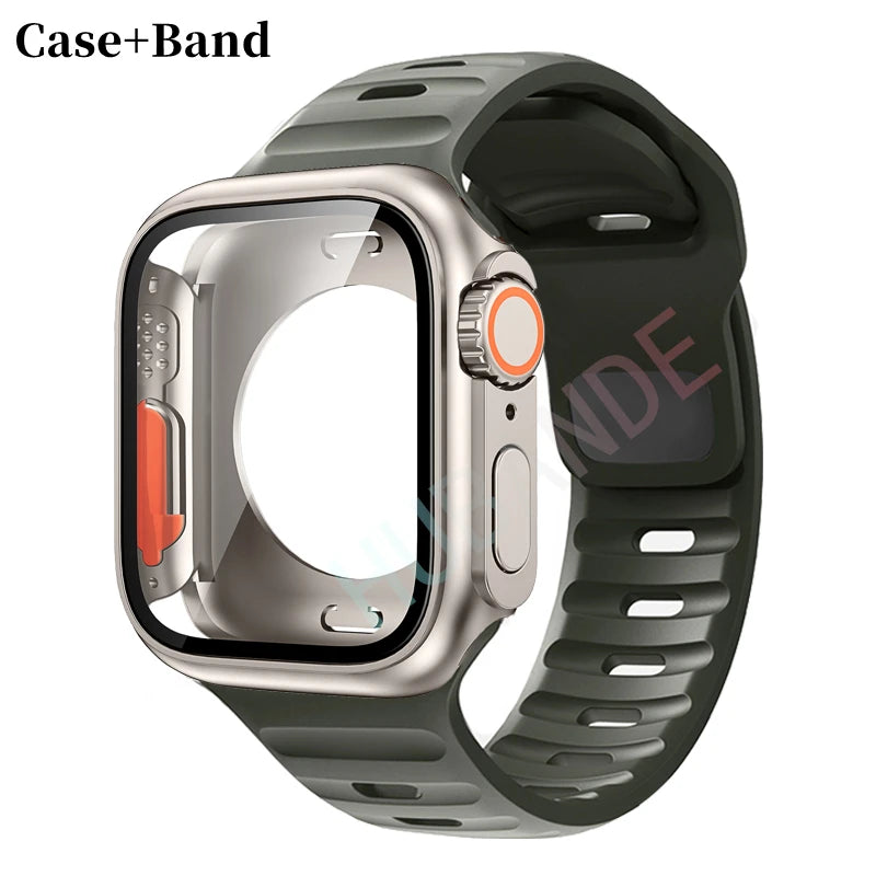 Silicone strap For Apple Watch 44mm 45mm 41mm 40mm Bracelet+Screen protectores Change to Ultra For iWatch Series 9 8 7 SE 6 5 3