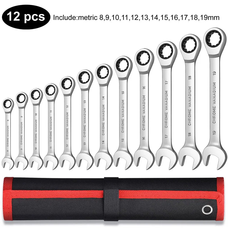 Ratcheting Combination Wrench Set,12 Point Box End and Open End Wrench Set spanner Fit for Garage,Home DIY, Repair,Maintenance