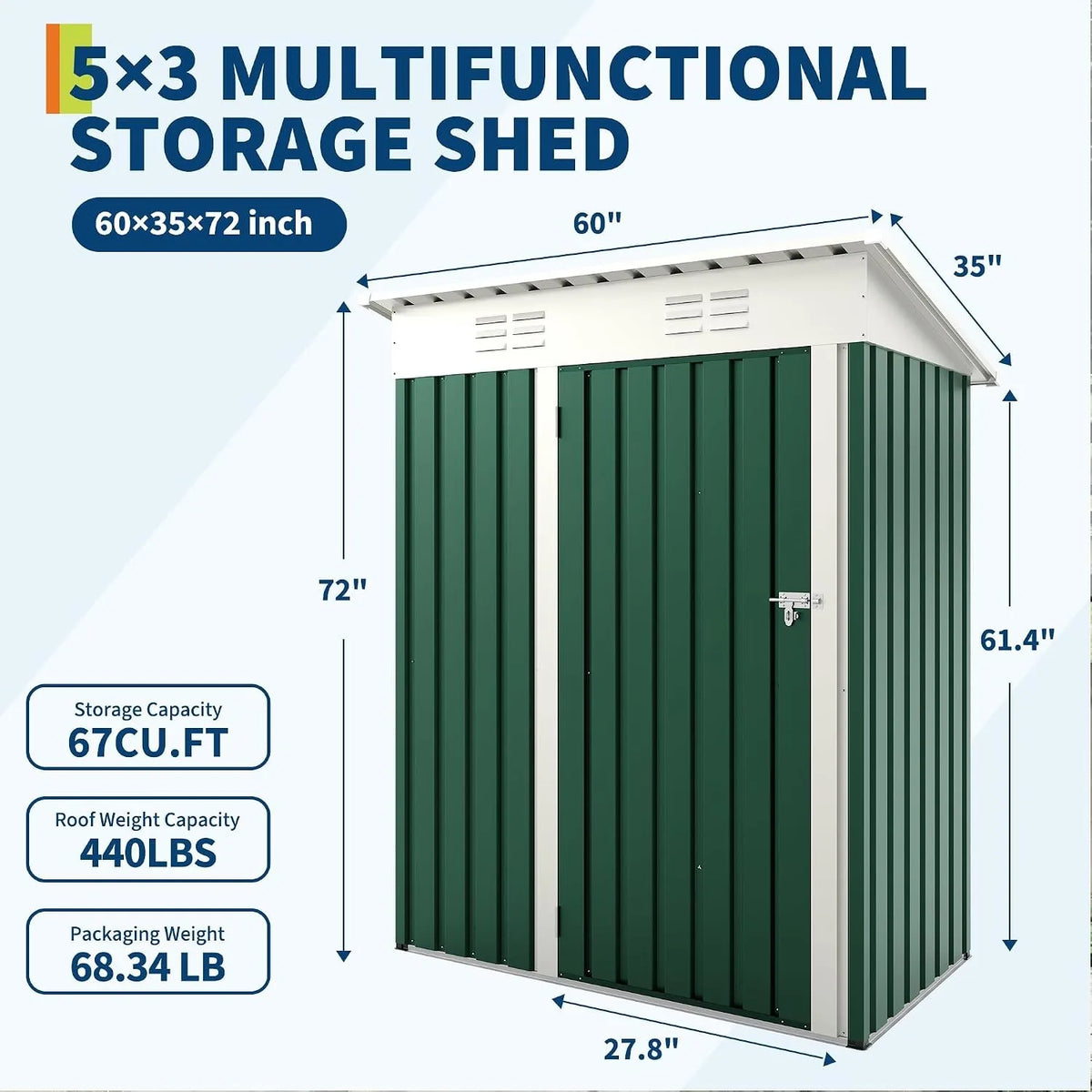 Heavy-duty 5x3 ft lockable metal storage shed — view 17 of 18