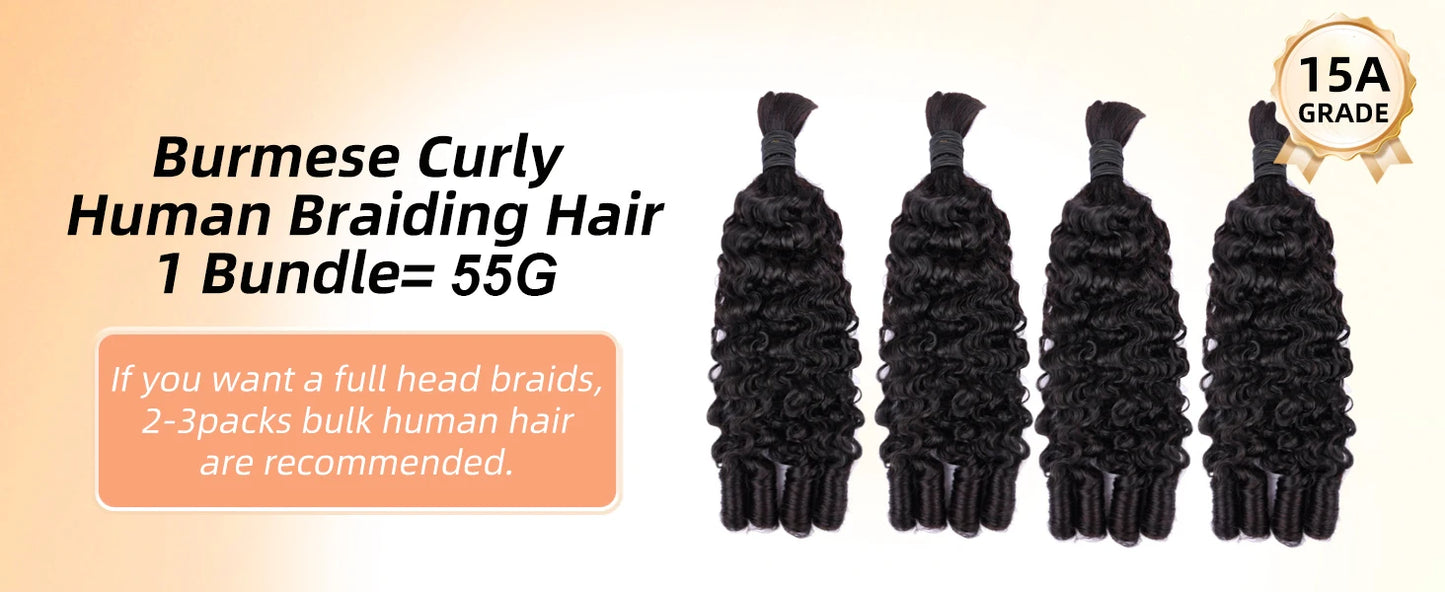 15A Human Braiding Hair for Boho Braids — Burmese Curly Bulk Bundles