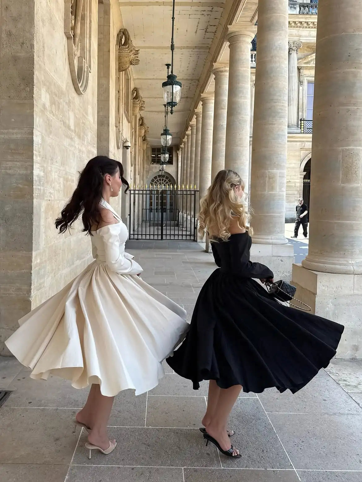 Women's Elegant Dresses Off Shoulder Long Sleeve Midi Dress Halter Neck Ruched Waist Pleated Full Skirt Cocktail Party Dresses
