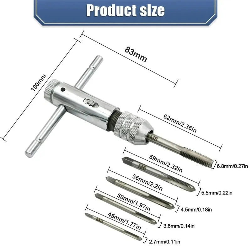 6 in 1 Ratchet T Tap Adjustable Holder Wrench With M3-M8 Screw Machine Hand Tool Thread Metric Plug T-shaped Tapping Tools