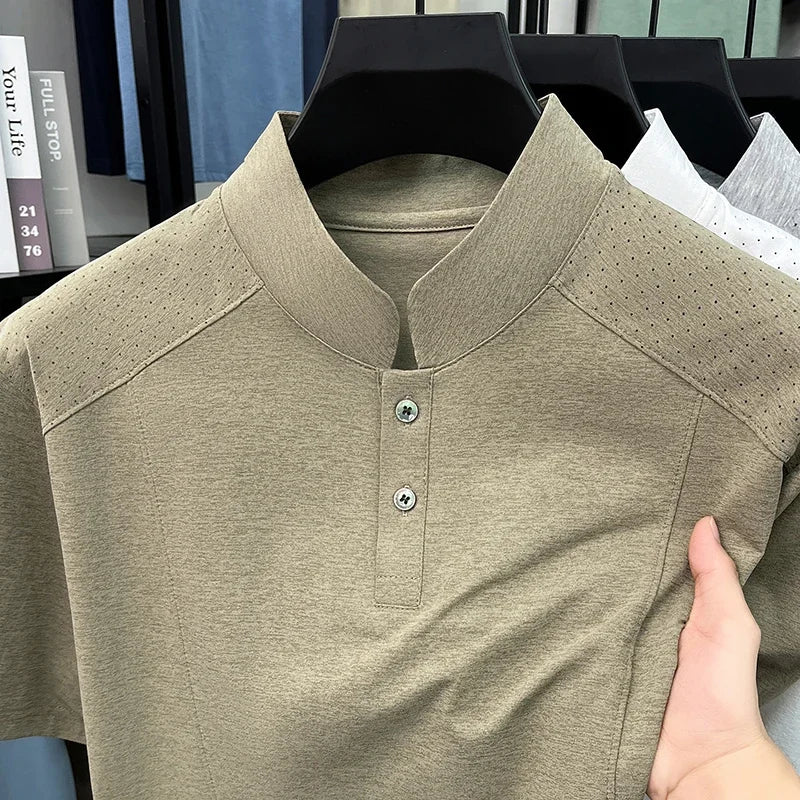 Men's Mandarin Henley Tee - Hollow-Grain Shoulder, Cool Lightweight