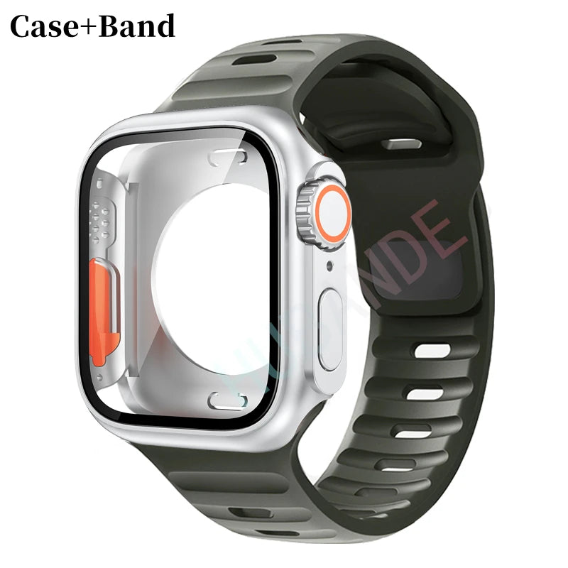 Silicone strap For Apple Watch 44mm 45mm 41mm 40mm Bracelet+Screen protectores Change to Ultra For iWatch Series 9 8 7 SE 6 5 3