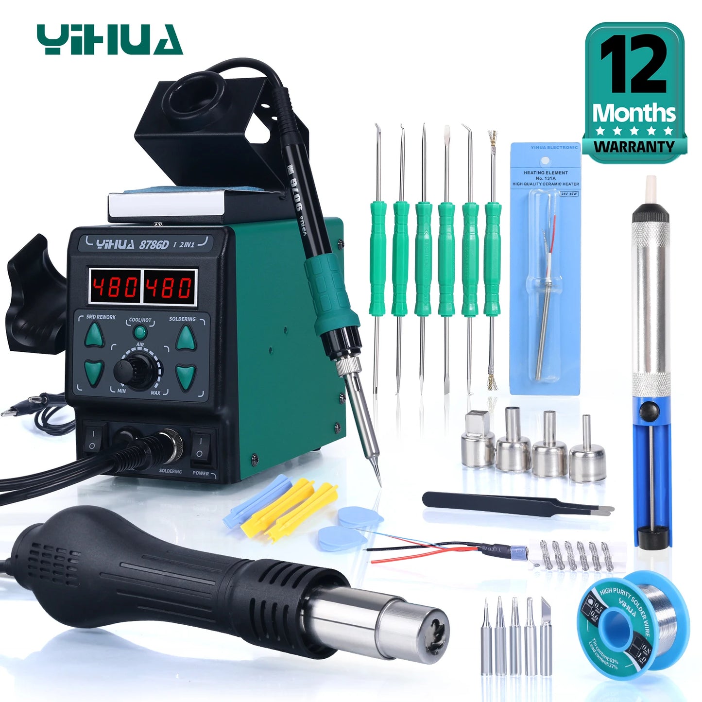 MMAlto YIHUA 8786D / 8786D-I / 938BD-II Soldering Iron & Hot Air Rework Station – Digital SMD BGA Phone PCB Repair Welding Tool | 110V-240V