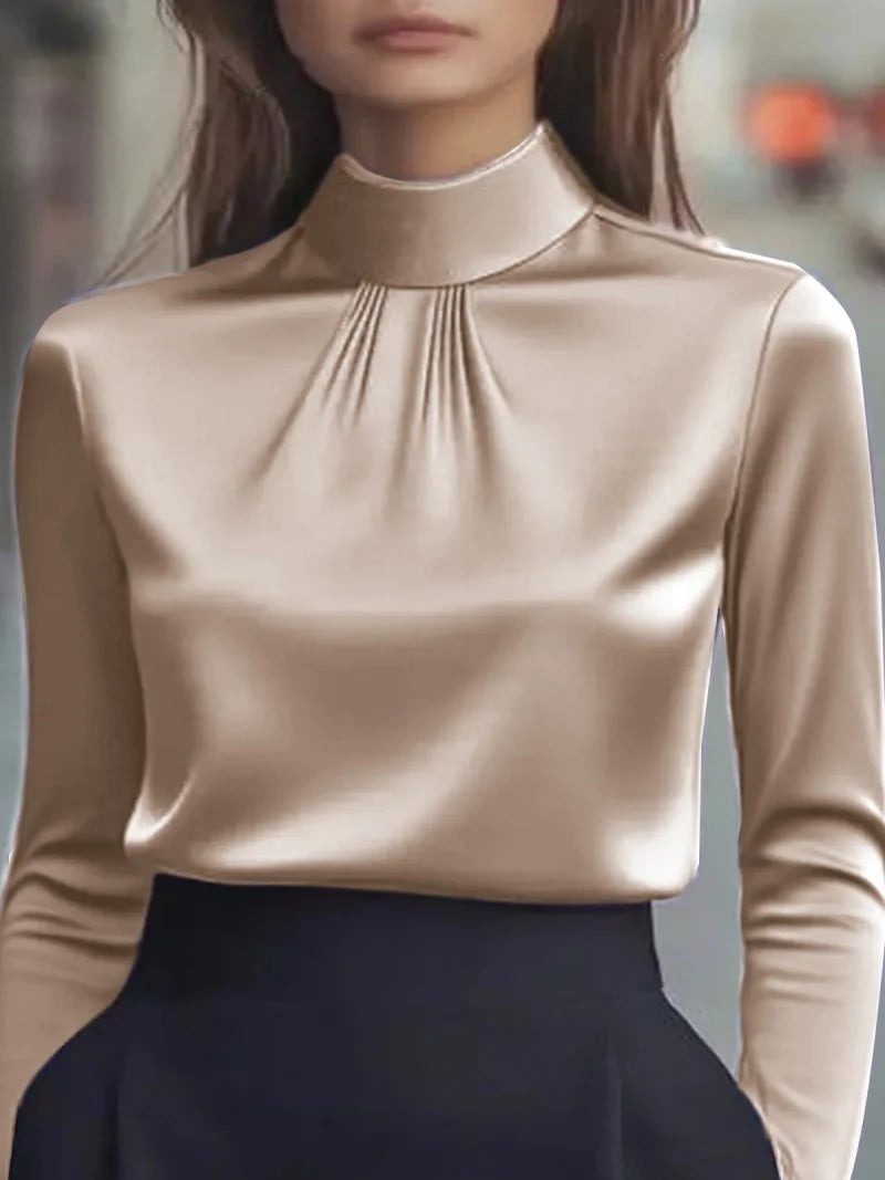 Women's High Neck Dressy Blouse - Plain Elegant Everyday Top