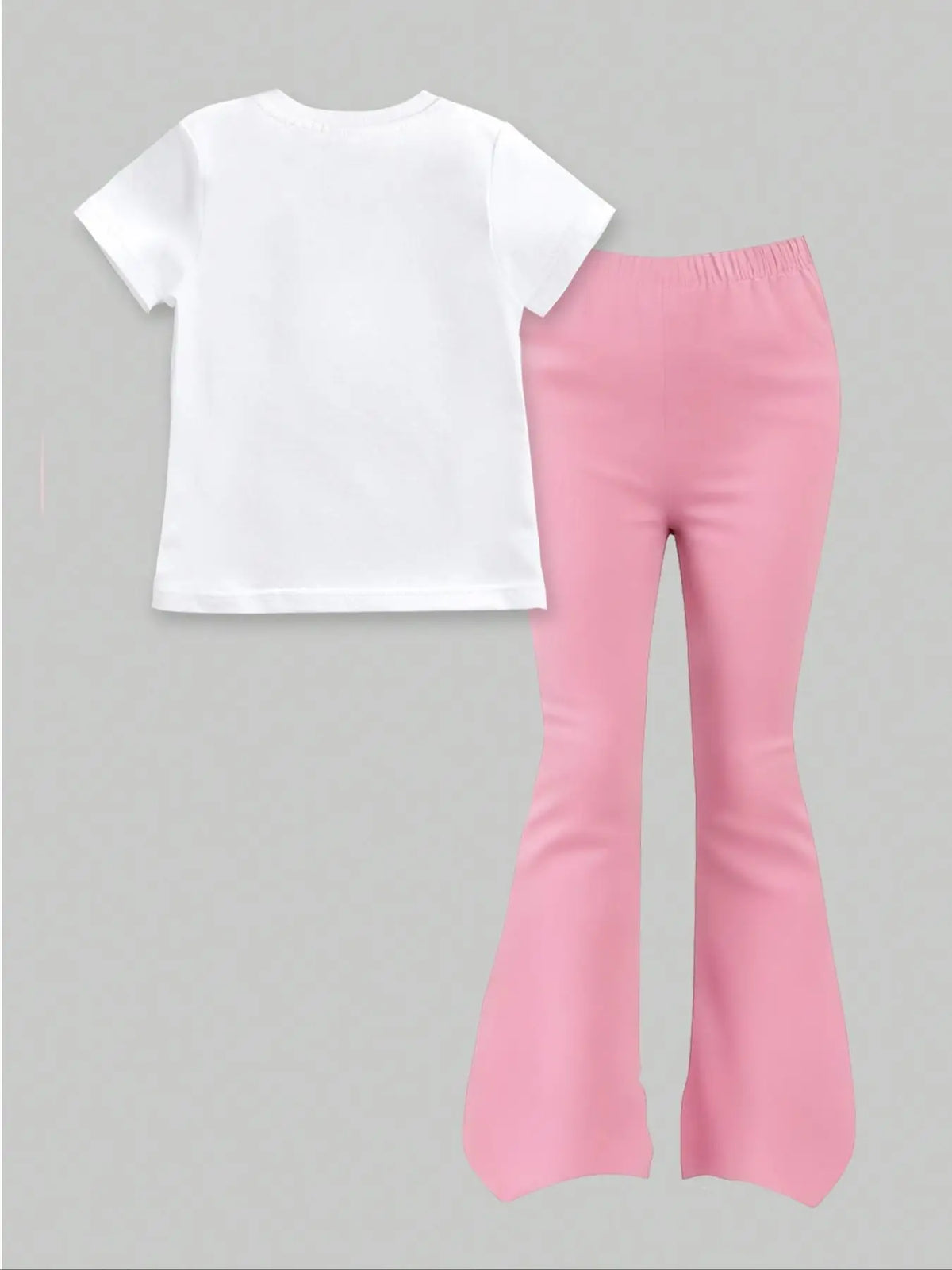 4-12Y Girls' Regular Short Sleeve and Flared Pants Two-Piece Set - Bruh67 Sweet Pink Style Regular Round Neck Casual Comfortable White Short Sleeve with Pink Flared Pants Two-Piece Set