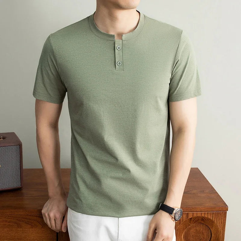 Men's Thin-Knit Henley - Two-Button Split Neck, Slim Elastic Fit