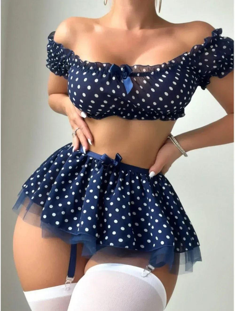Women's Polka Dot Off-Shoulder Puffy Skirt Lingerie Set – Sexy Bra & Garter Skirt Exotic Set | S–XL (Red, Blue)