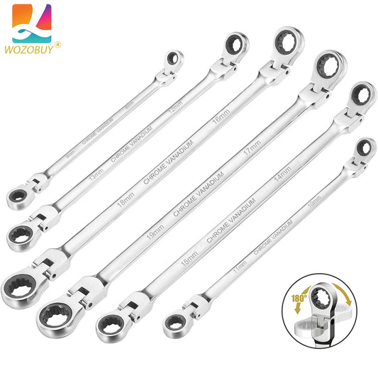 Extra Long Flex-Head Ratcheting Wrench Set, Metric 8-19mm, CR-V Steel