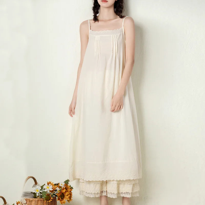 Johnature 2026 Summer New Japanese Casual Spaghetti Strap Thin All Match Dress For Women Solid Color Cotton Female Dresses