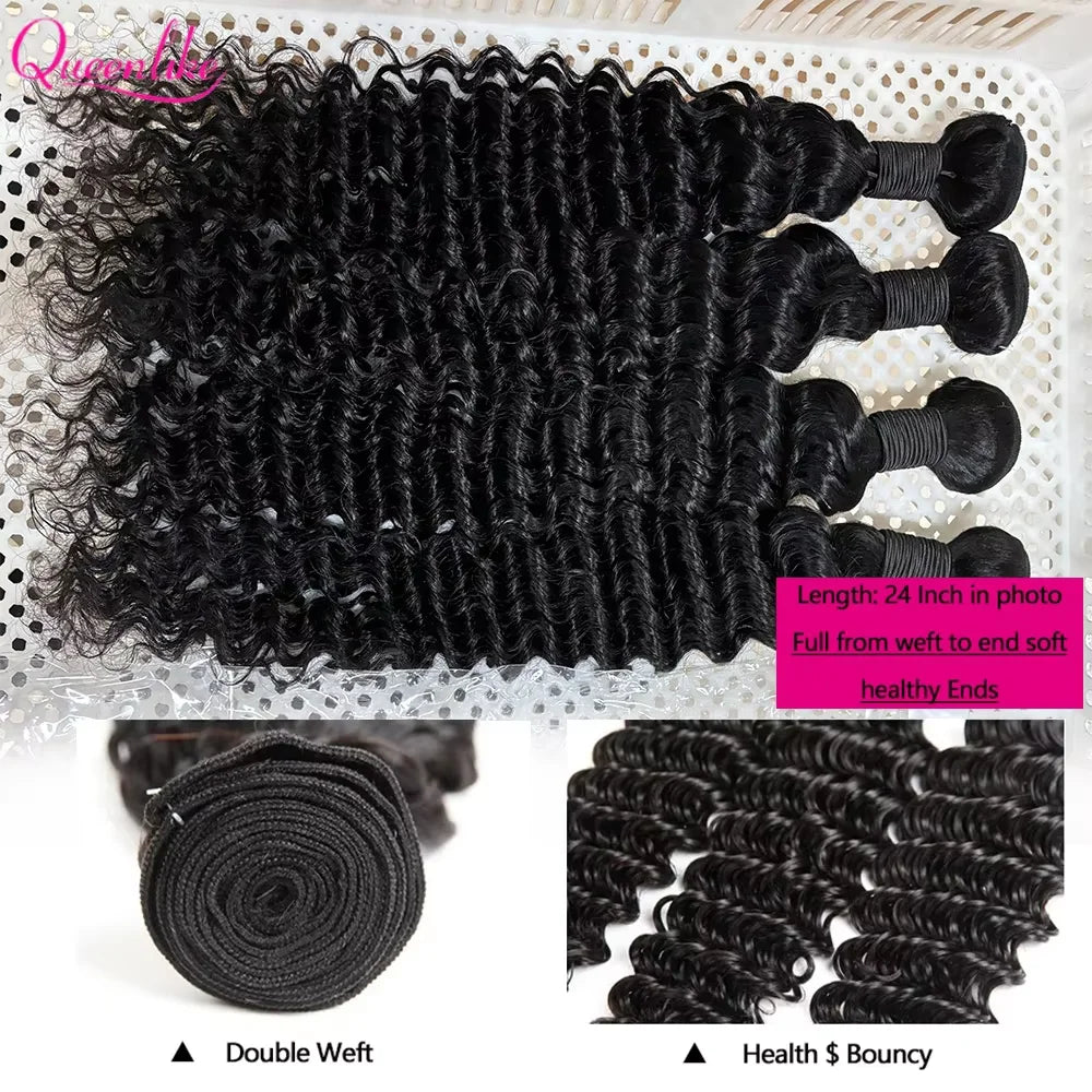 Queenlike Deep Wave Human Hair Bundles 24 26 28 inch Deep Curly Bundles 100% Human Hair for Women Brazilian Raw Hair Extensions