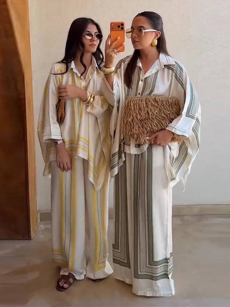Striped Shirt & Wide-Leg Trousers Set — Women's 2-Piece