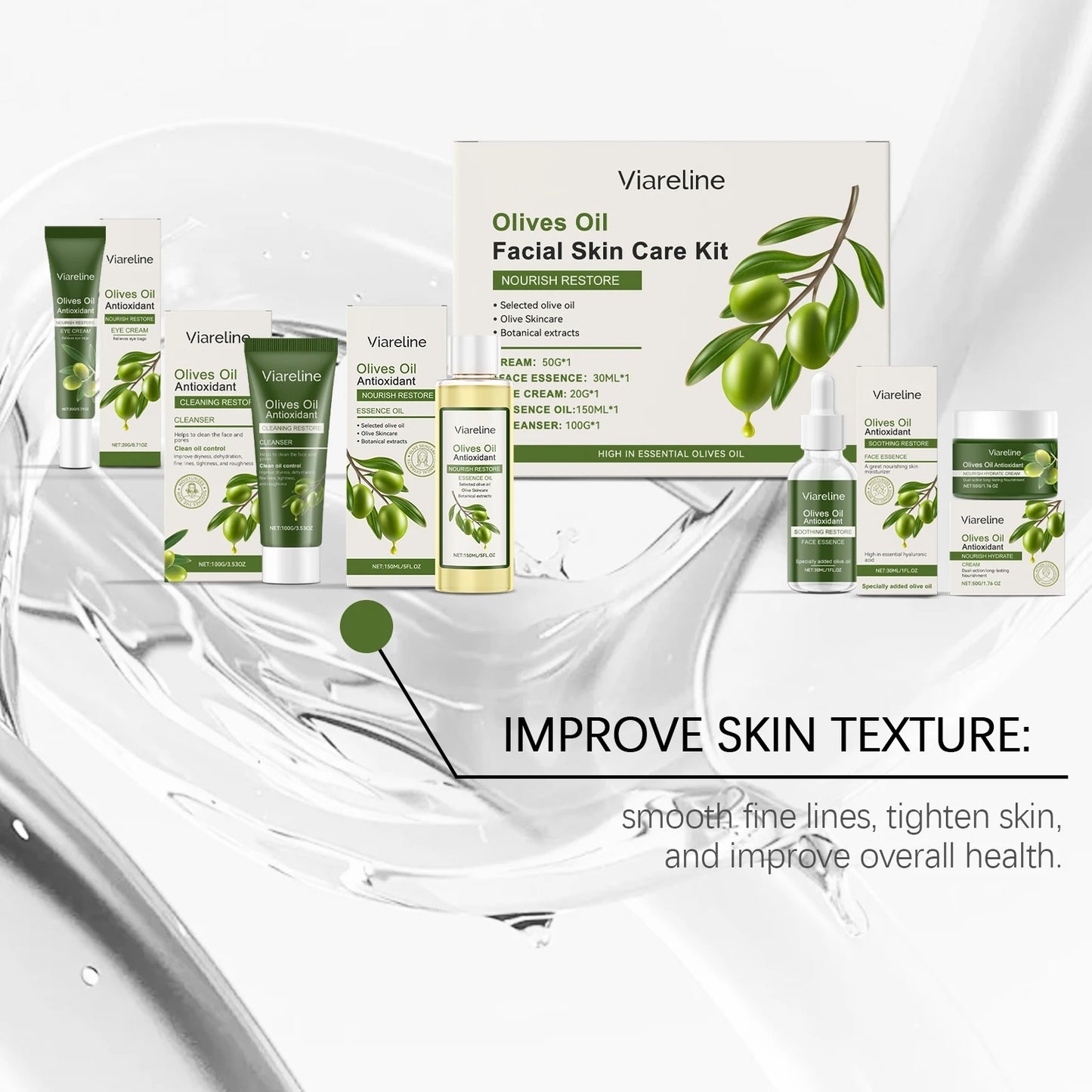 Olive Oil Facial Skincare Set, Hydrating & Soothing Dry Skin Care, Elasticity Boosting Treatment, Complete Routine