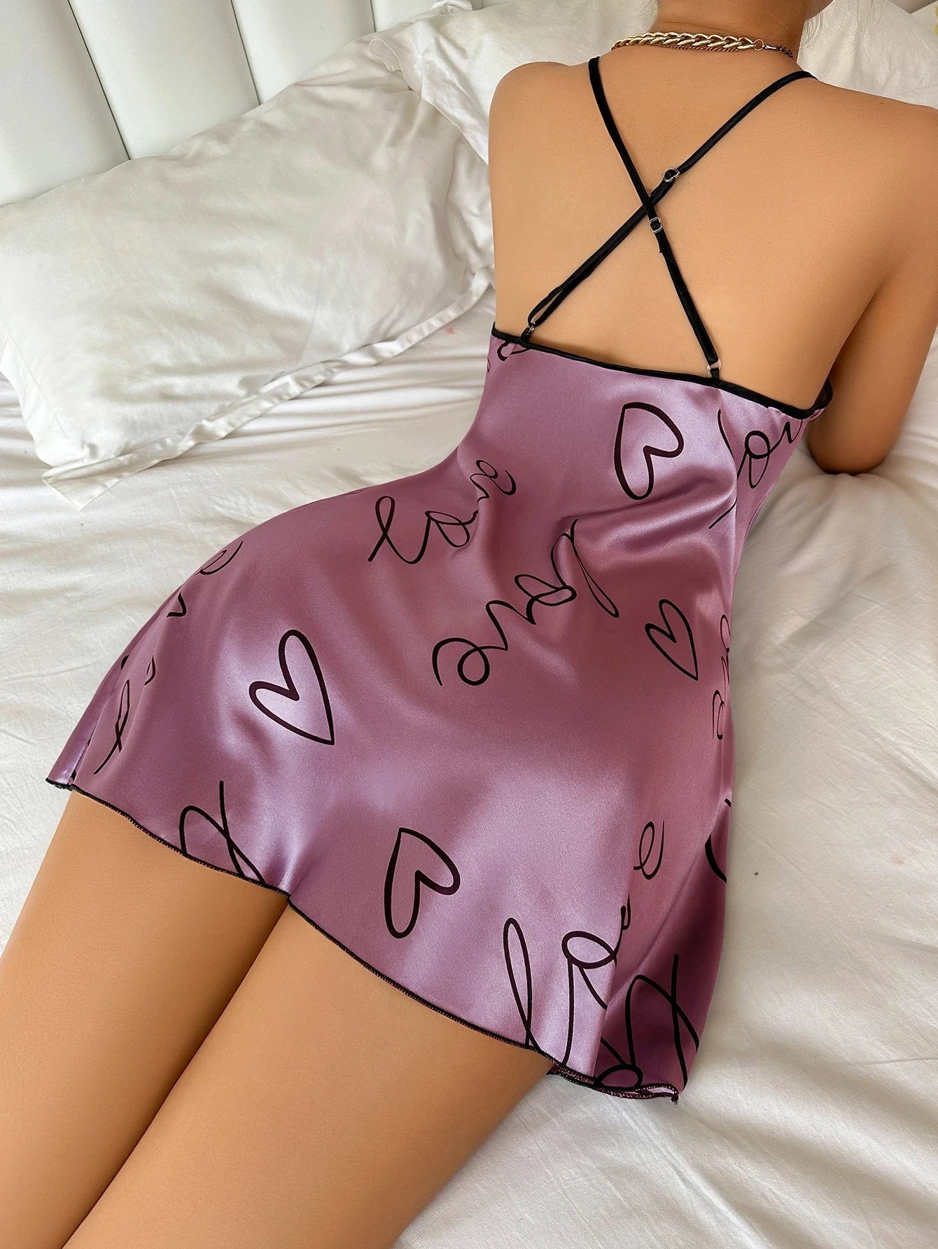 Women's Heart & Letter Print Nightdress – Sexy Sleeveless Satin Slip Sleepwear | S–XL (6 Colors)
