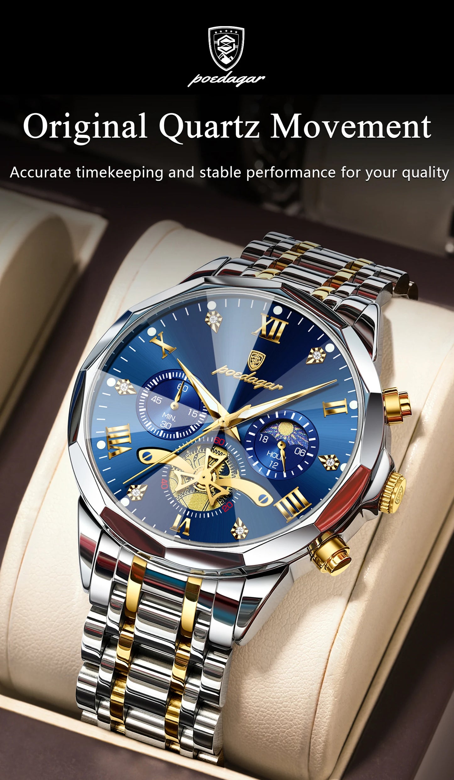 POEDAGAR Luxury Men's Quartz Watch – Waterproof Luminous Chronograph Stainless Steel Wristwatch (Model 938)