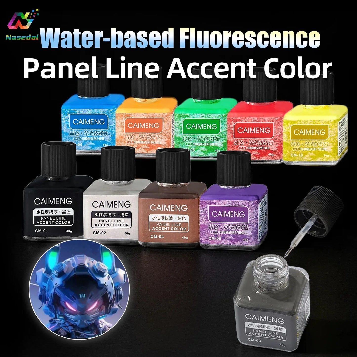 Nasedal Water Based Panel Line Accent 4 Basic 6 Fluorescent Colors 40g Penetrating Ink for Gundam Model Making Hobby DIY Project