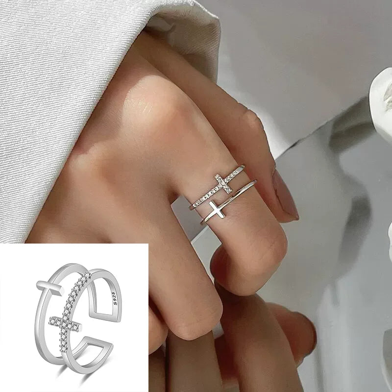 PANJBJ 925 Sterling Silver Hollow Out Rings For Women Three Layered Cross Punk Irregular Vintage Jewelry Gift Dropshipping