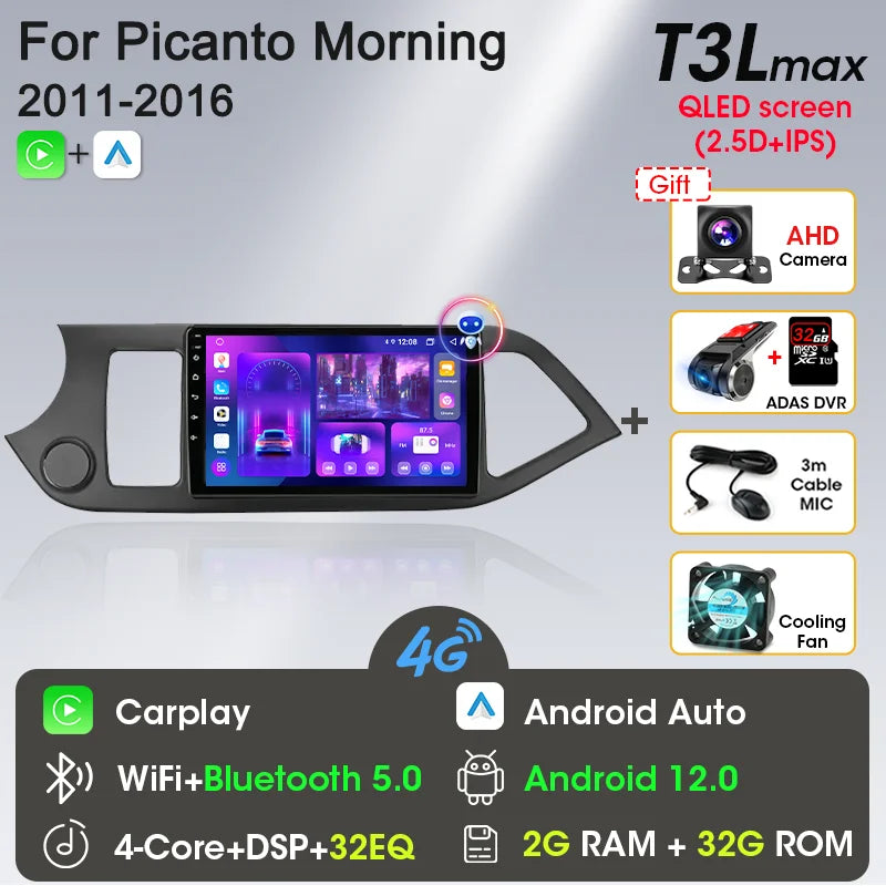 2-DIN Android Car Stereo for Kia Picanto / Morning (2011–2016) — CarPlay, Android Auto, GPS Navigation