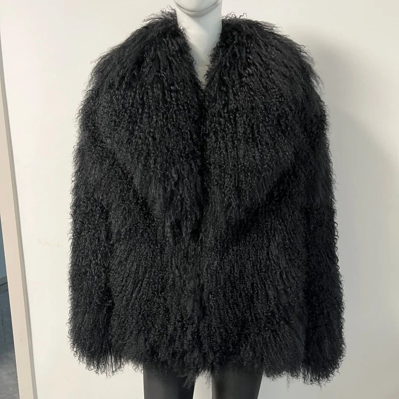 Women's Mongolian Sheep Fur Coat, Turn-Down Collar