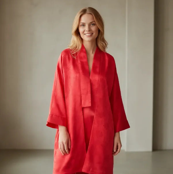 Women's Cardigan 2026 Summer Vintage Streetwear Satin Long Cardigan Red Floral Print Batwing Sleeve Loose Casual Coat