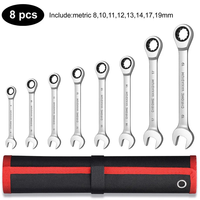 Ratcheting Combination Wrench Set,12 Point Box End and Open End Wrench Set spanner Fit for Garage,Home DIY, Repair,Maintenance