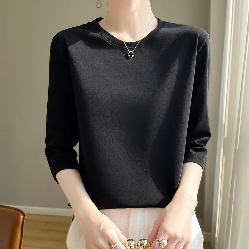 Women's Mercerized Cotton T-Shirt — Loose Round-Neck Half-Sleeve Top