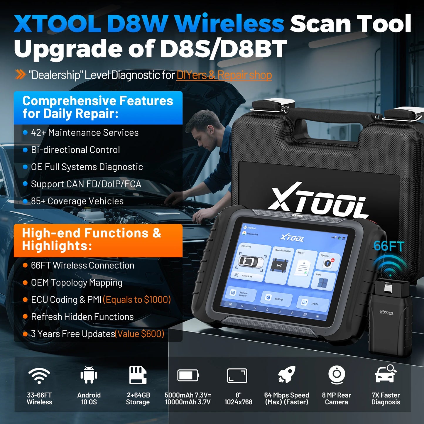 XTOOL D8W Bluetooth Diagnostic Tool Automotive Scanner ECU Coding Key Programming Topology Map 42+ Reset Service CANFD DOIP
