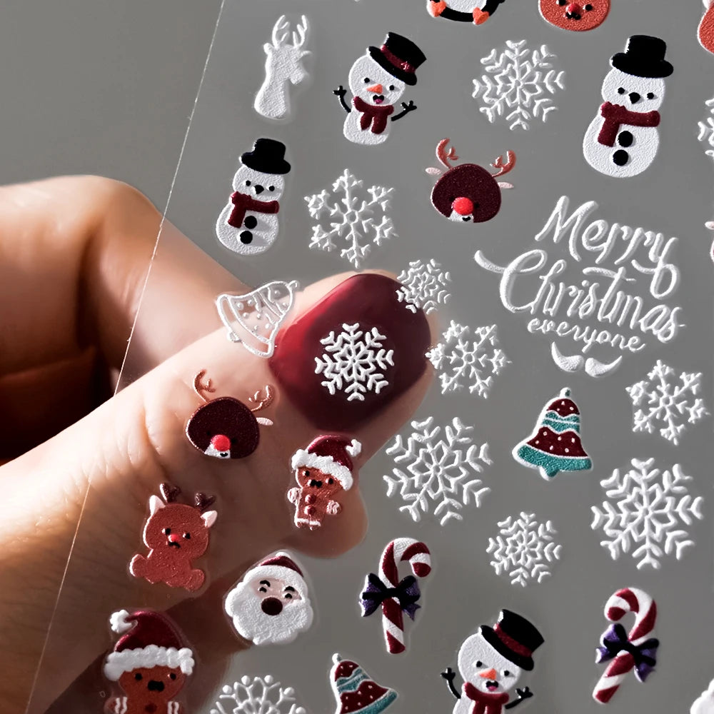 1pcs 5D Embossed Snowflakes/Snowman/Santa Claus/Reindeer Nail Art Stickers Self-Adhesive Cute Christmas Nail Art Decals 8*10CM
