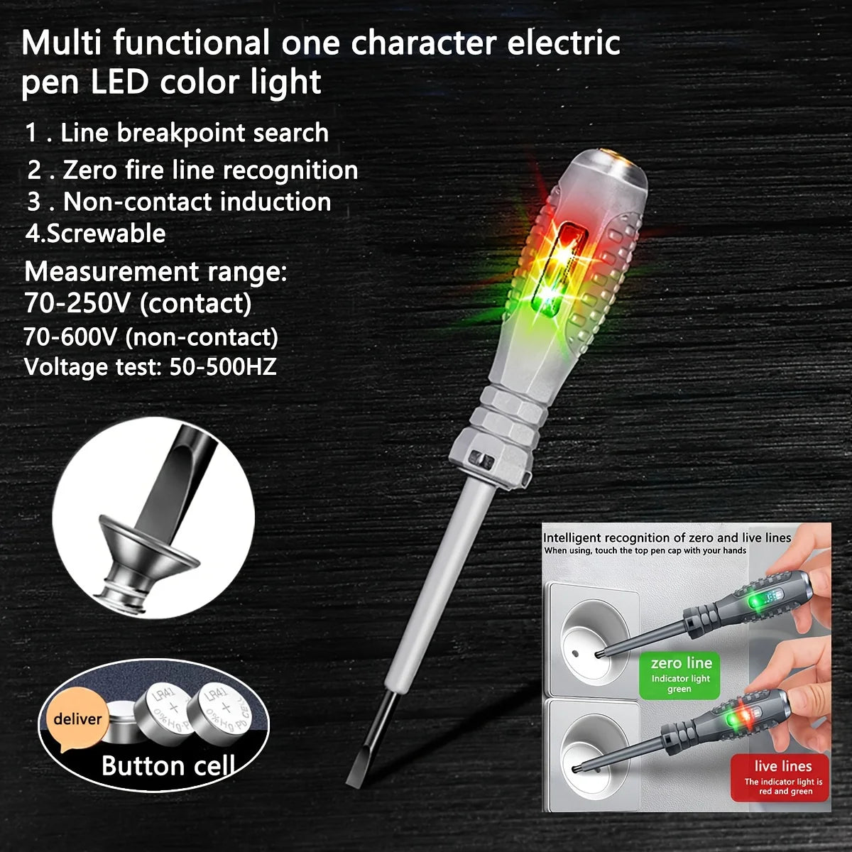 Multifunctional Electrician Test Screwdriver AC Non-contact Induction Test Pen Voltage Tester 70-600V Red Green Induction Lights