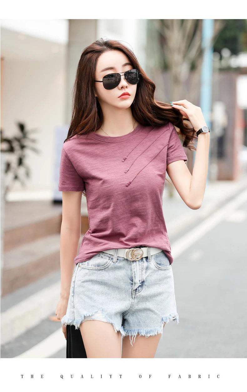 Women's Slub Cotton Button Tee — Loose Crew Neck