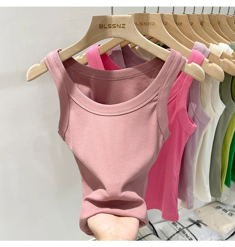 AOSSVIAO Women Solid Round Neck Ribbed Tank Top Camisole Women 2026 Summer Basic Elastic Tank Top O Neck Solid Tank Top