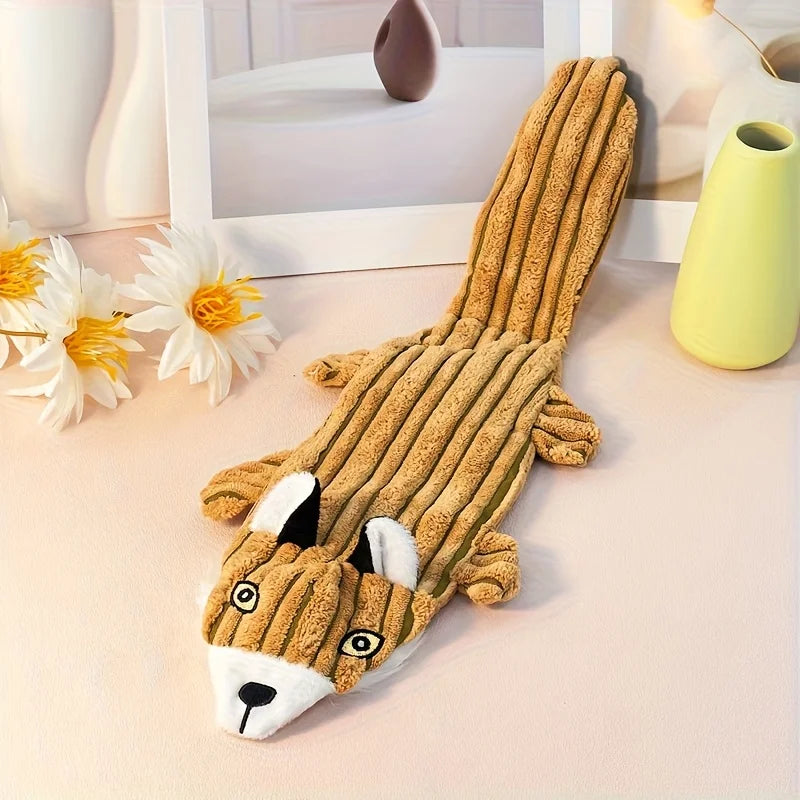 Squirrel‑Shaped Pet Dog Toy Corduroy Plush Squeaky Chew Toy No Stuffing Design Bite‑Resistant Stress Relief Interactive Play Toy