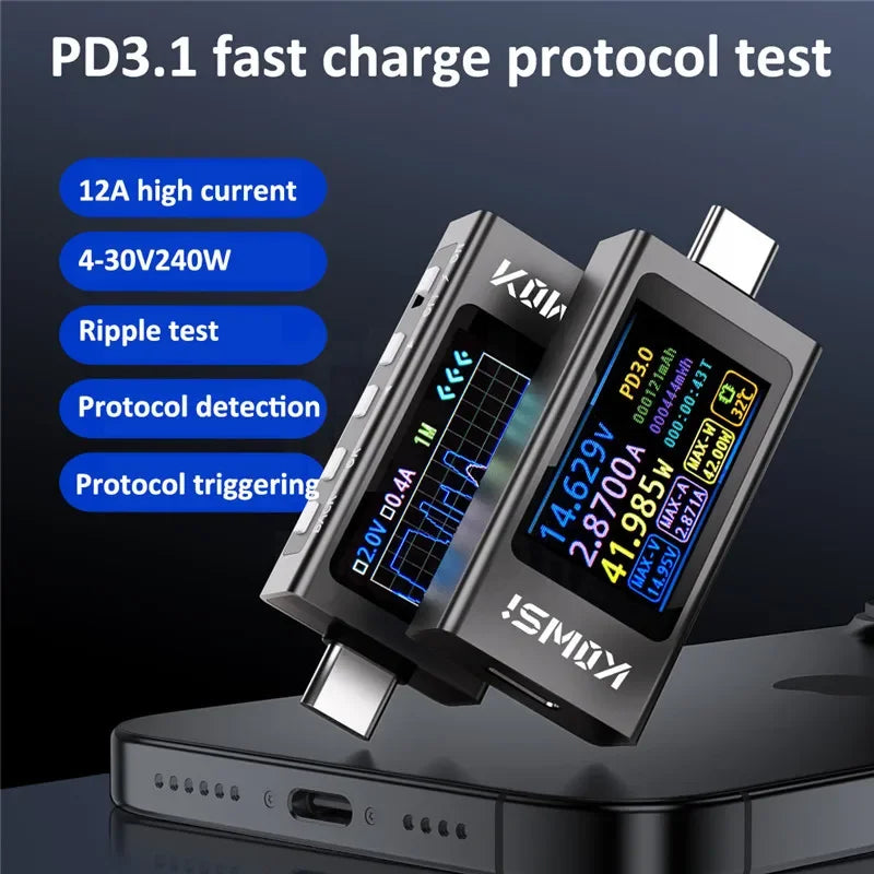 KWS-X1 4V-30V 12A Type C Tester Voltmeter Ammeter TYPE-C Fast Charge Detection Trigger Capacity Measurement Ripple Measurement