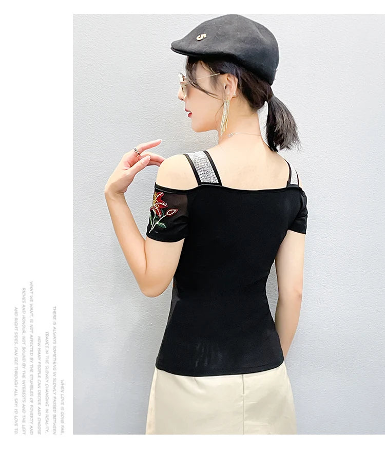 Women's Off-Shoulder Rhinestone Mesh Top