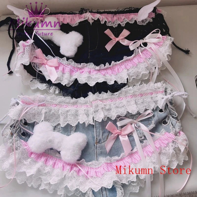 Mikumn Harajuku Y2k Women Sexy Lace Shorts Punk Girls Sweet Bow Angel Wing Bone Lace-up Low Waist Denim Shorts Jeans Streetwear