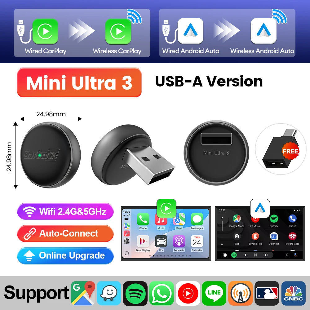 Mini 2-in-1 Wireless CarPlay & Android Auto Adapter (5.8GHz)