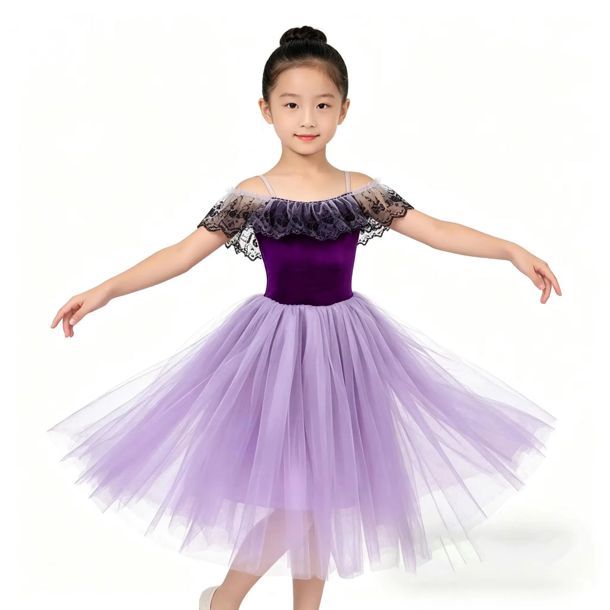 Girls black lace off-shoulder ballet tutu dress