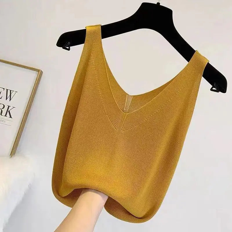 Plus Knit Tank Top V-Neck Ice Silk Sleeveless 2026 Summer Clothing Vests for Women Korean Fashion Loose Elegant Casual Cami Top