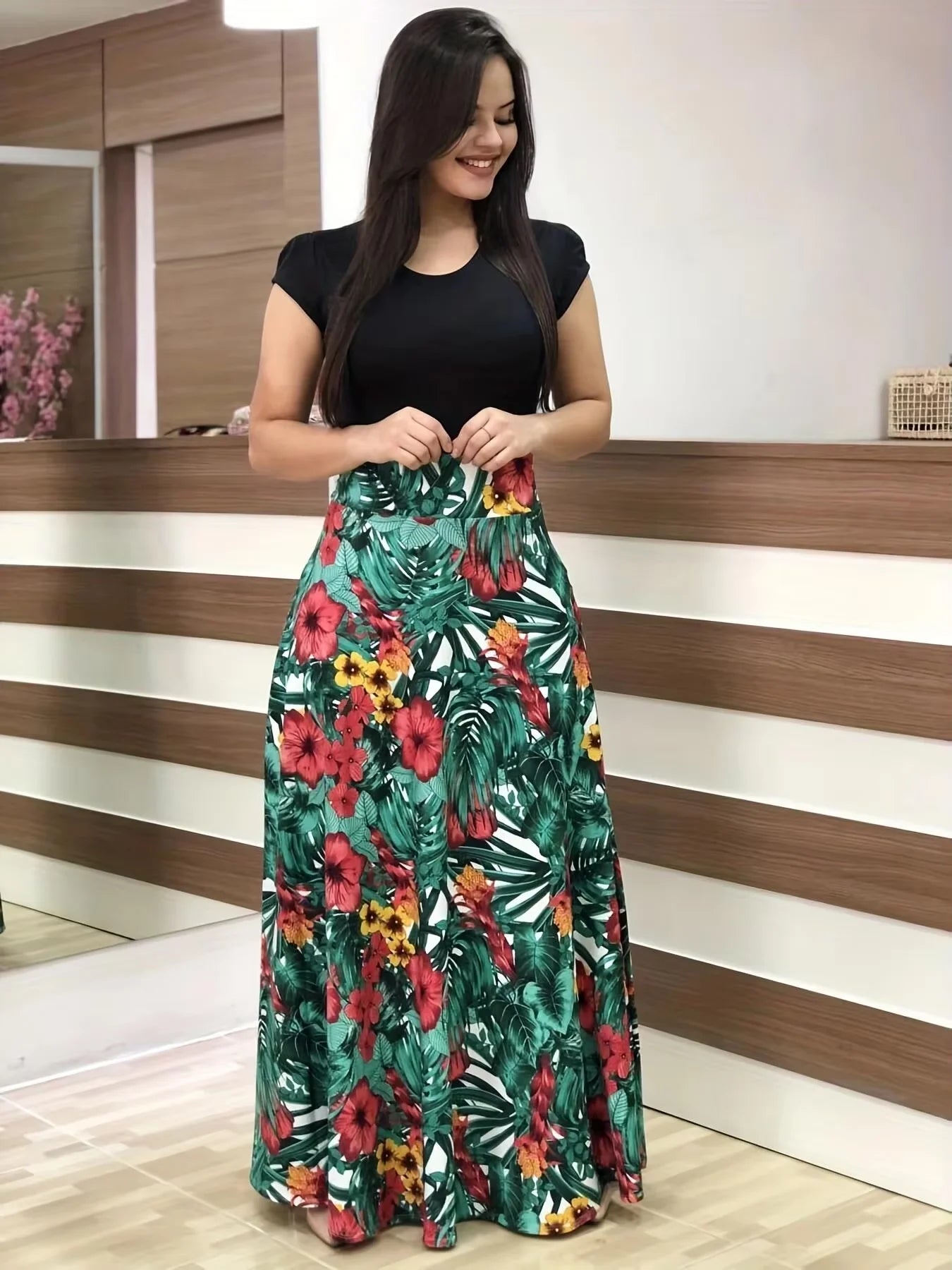 2025 European and American style flower print color matching short sleeved dress for women's large swing skirt