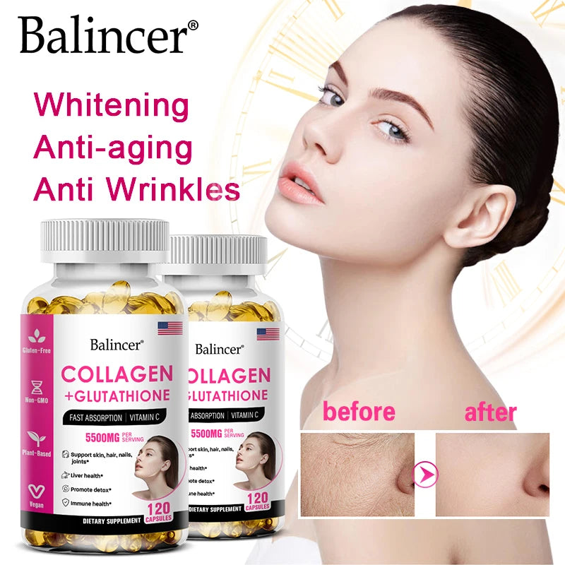 Bcuelov Glutathione & Collagen Supplement – Antioxidant Whitening Capsules for Skin Health, Hair, Nails & Anti-Aging | 30/60/120 Count