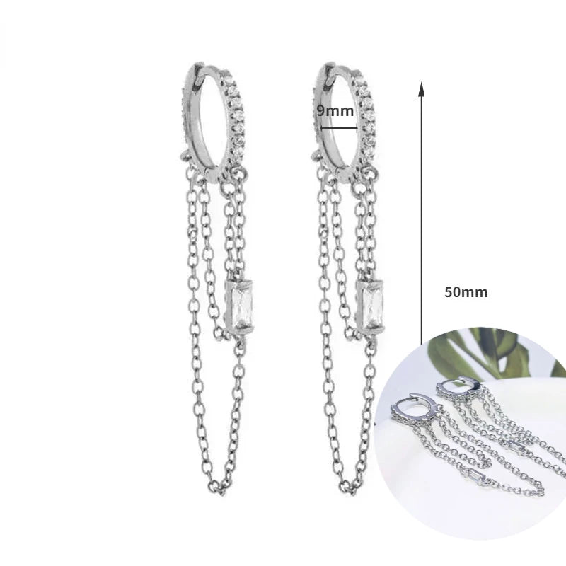925 Sterling Silver Tassel Hoop Earrings for Women - White Zircon