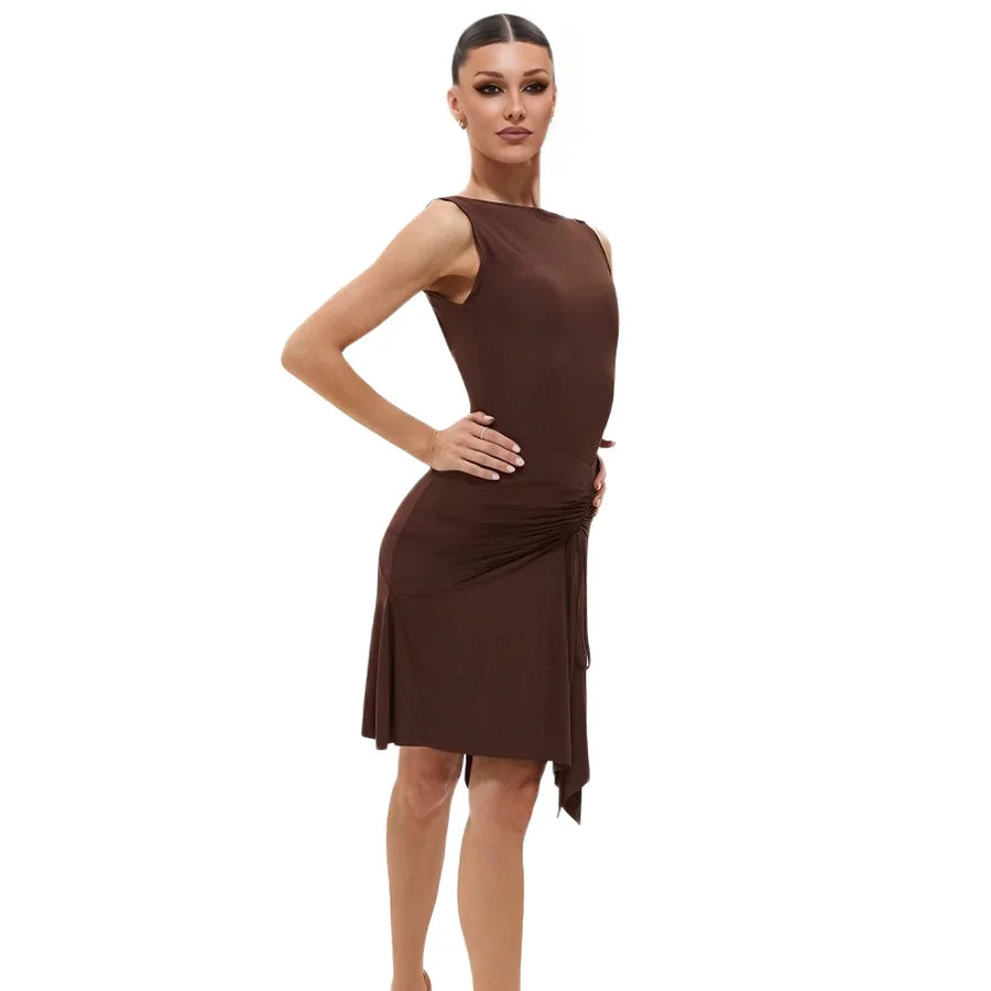 Sleeveless ruched Latin practice dress with asymmetric hem