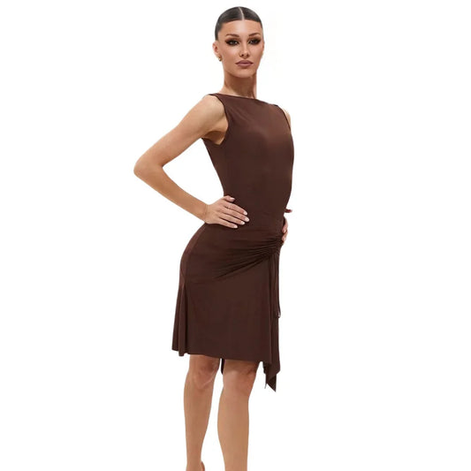 Sleeveless ruched Latin practice dress with asymmetric hem
