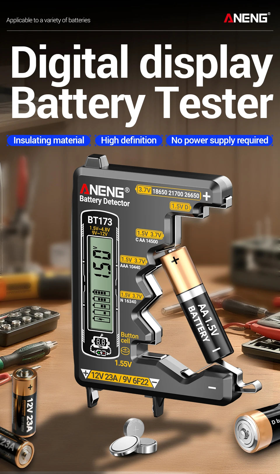 Universal Battery Tester ANENG BT173 Battery Detector Test C D AA AAA N 9V Cell Button Meter Visual Display Testing Tester Tools