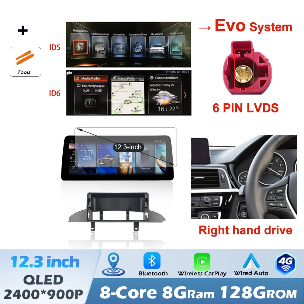 12.3" Right-Hand-Drive Wireless CarPlay & Android Auto Screen, Compatible with BMW 3 4 Series F30 F32