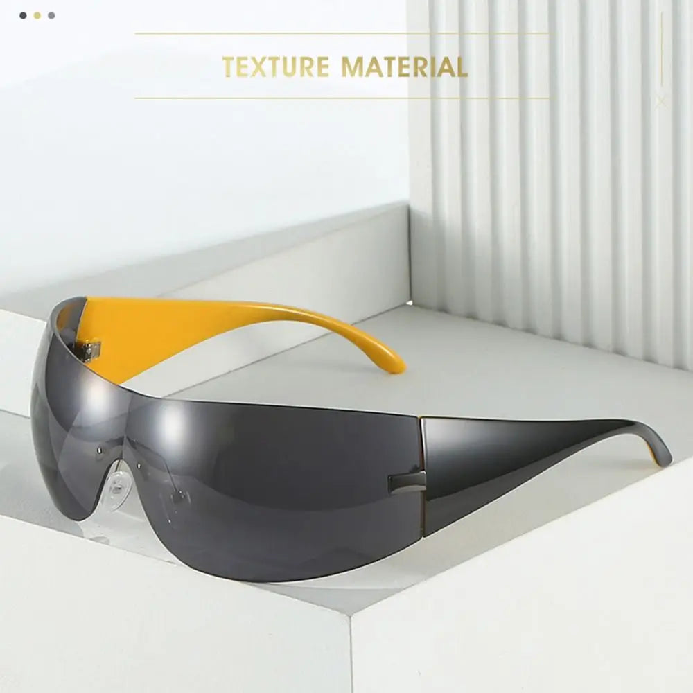 Trendy Y2K Sunglasses for Women  Men Rimless Wrap-Around Sunglasses Futuristic One Piece Shades Fashion Hip Hop Sun Glasses