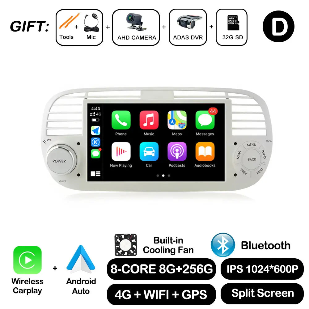 7" Car Stereo with Apple CarPlay & Android Auto, Compatible with Fiat 500 (2007-2015)